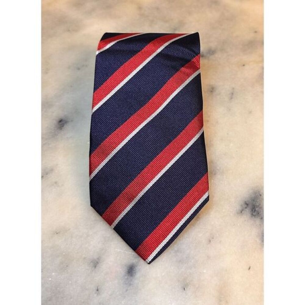 Beau Ties Ltd 100% Silk Red White Blue Striped Woven Tie Handmade In USA